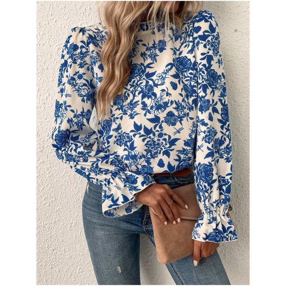 Boho Floral Print Ruffle Sleeve Blouse - Picture 7 of 8